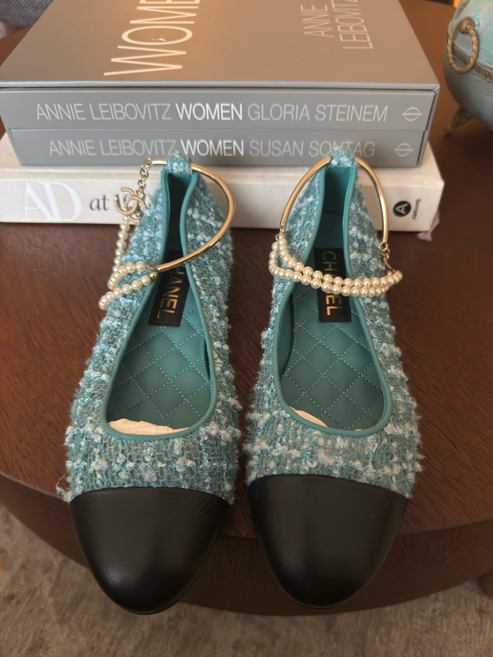 One of a kind CHANEL Teal Tweed Pearl-Strap Ballet Flats - SZ 8